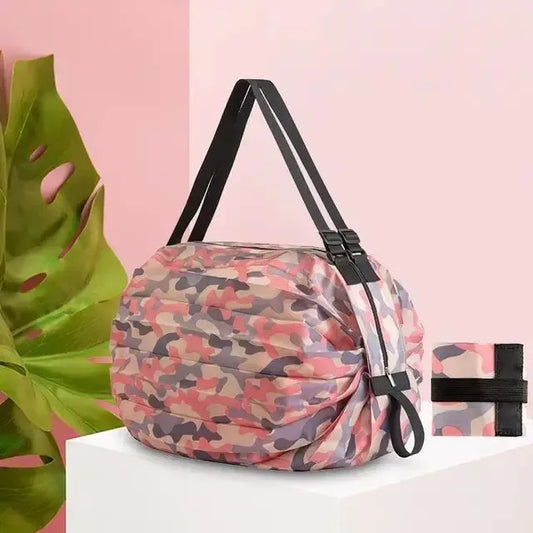 1pc Pink Camo Waterproof One Shoulder Bag Foldable Shopping Bag Travel Portable Storage Bag Sundry Sood Storage